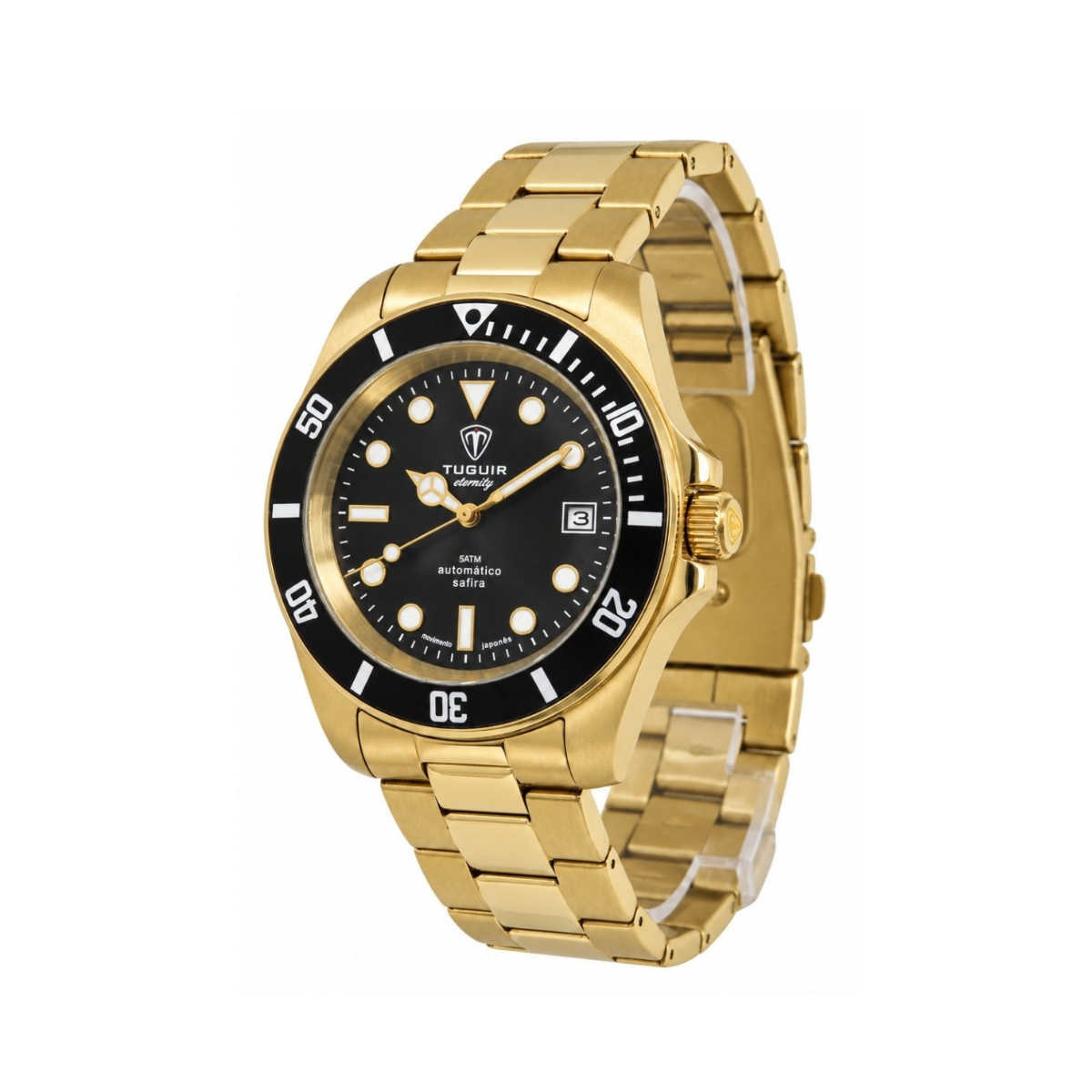 Relógio Masculino Automático Tuguir Eternity Dourado Tge40018 Vidro De Safira, Visor Preto Camaleão ( estilo Sunburst ) Calibre 8215 Miyota