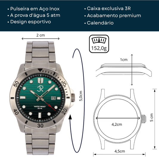Relógio Três Reis 3R Eclipse Edição Especial Limitada 20 Anos Verde Jade e Prata