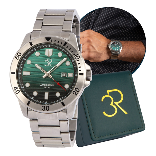 Relógio Três Reis 3R Eclipse Edição Especial Limitada 20 Anos Verde Jade e Prata