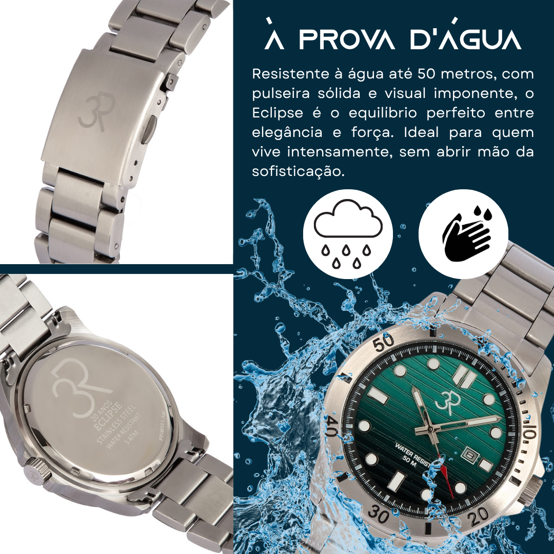 Relógio Três Reis 3R Eclipse Edição Especial Limitada 20 Anos Verde Jade e Prata