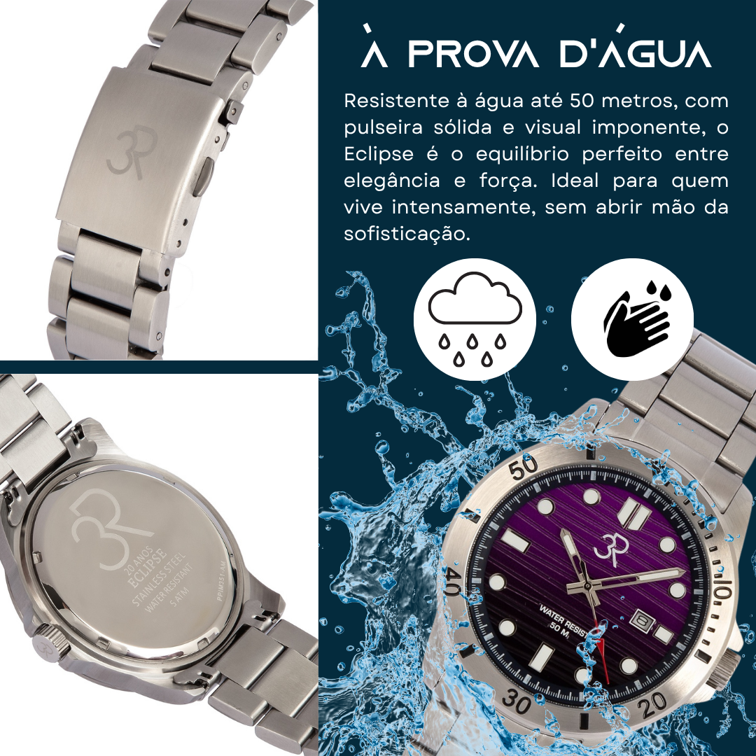 Relógio Três Reis 3R Eclipse Edição Especial Limitada 20 Anos Roxo Yuri Purpura e Prata