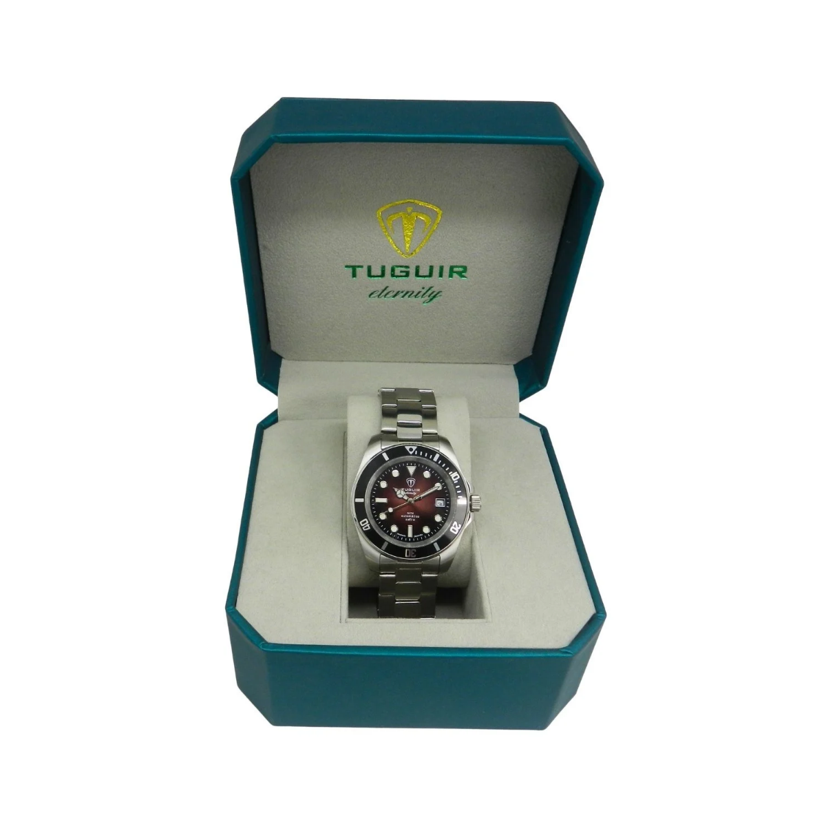 Relógio Masculino Automático Tuguir Eternity Tge40025 Vidro De Safira, Visor Vermelho Vinho Escuro Camaleão ( estilo Sunburst ) Calibre 8215 Miyota