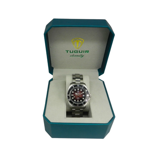 Relógio Masculino Automático Tuguir Eternity Tge40025 Vidro De Safira, Visor Vermelho Vinho Escuro Camaleão ( estilo Sunburst ) Calibre 8215 Miyota