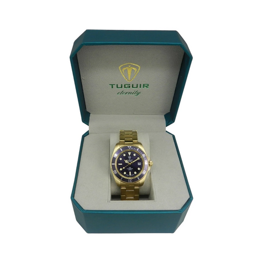 Relógio Masculino Automático Tuguir Eternity Dourado Tge40019 Vidro De Safira, Visor Azul Camaleão ( estilo Sunburst ) Calibre 8215 Miyota