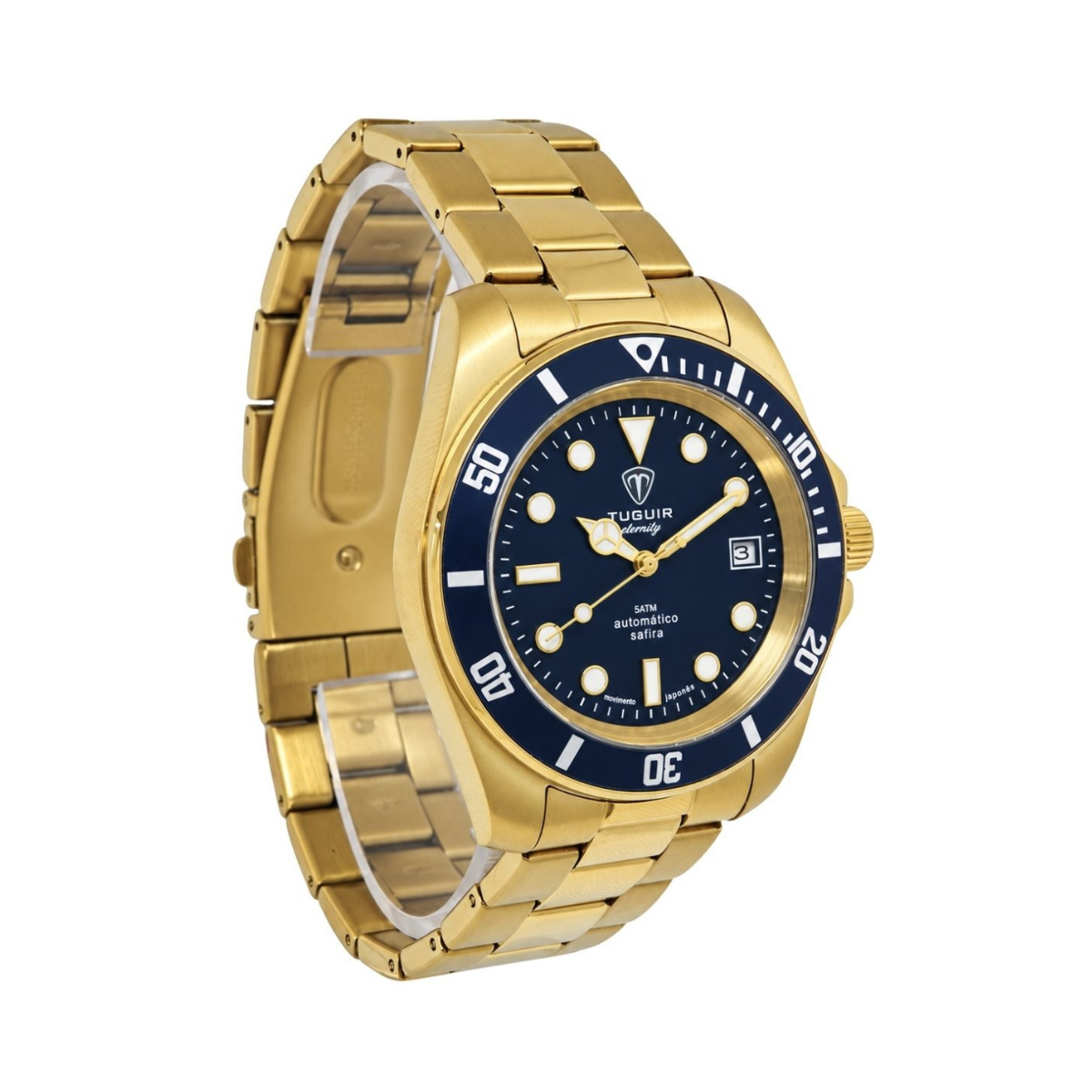 Relógio Masculino Automático Tuguir Eternity Dourado Tge40019 Vidro De Safira, Visor Azul Camaleão ( estilo Sunburst ) Calibre 8215 Miyota