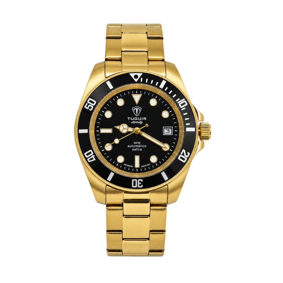 Relógio Masculino Automático Tuguir Eternity Dourado Tge40018 Vidro De Safira, Visor Preto Camaleão ( estilo Sunburst ) Calibre 8215 Miyota