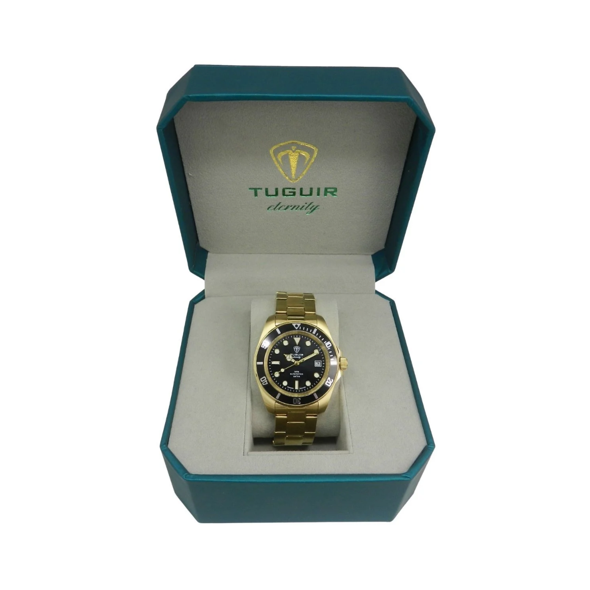 Relógio Masculino Automático Tuguir Eternity Dourado Tge40018 Vidro De Safira, Visor Preto Camaleão ( estilo Sunburst ) Calibre 8215 Miyota