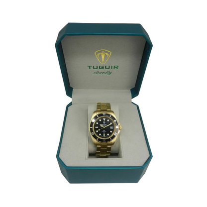 Relógio Masculino Automático Tuguir Eternity Dourado Tge40018 Vidro De Safira, Visor Preto Camaleão ( estilo Sunburst ) Calibre 8215 Miyota