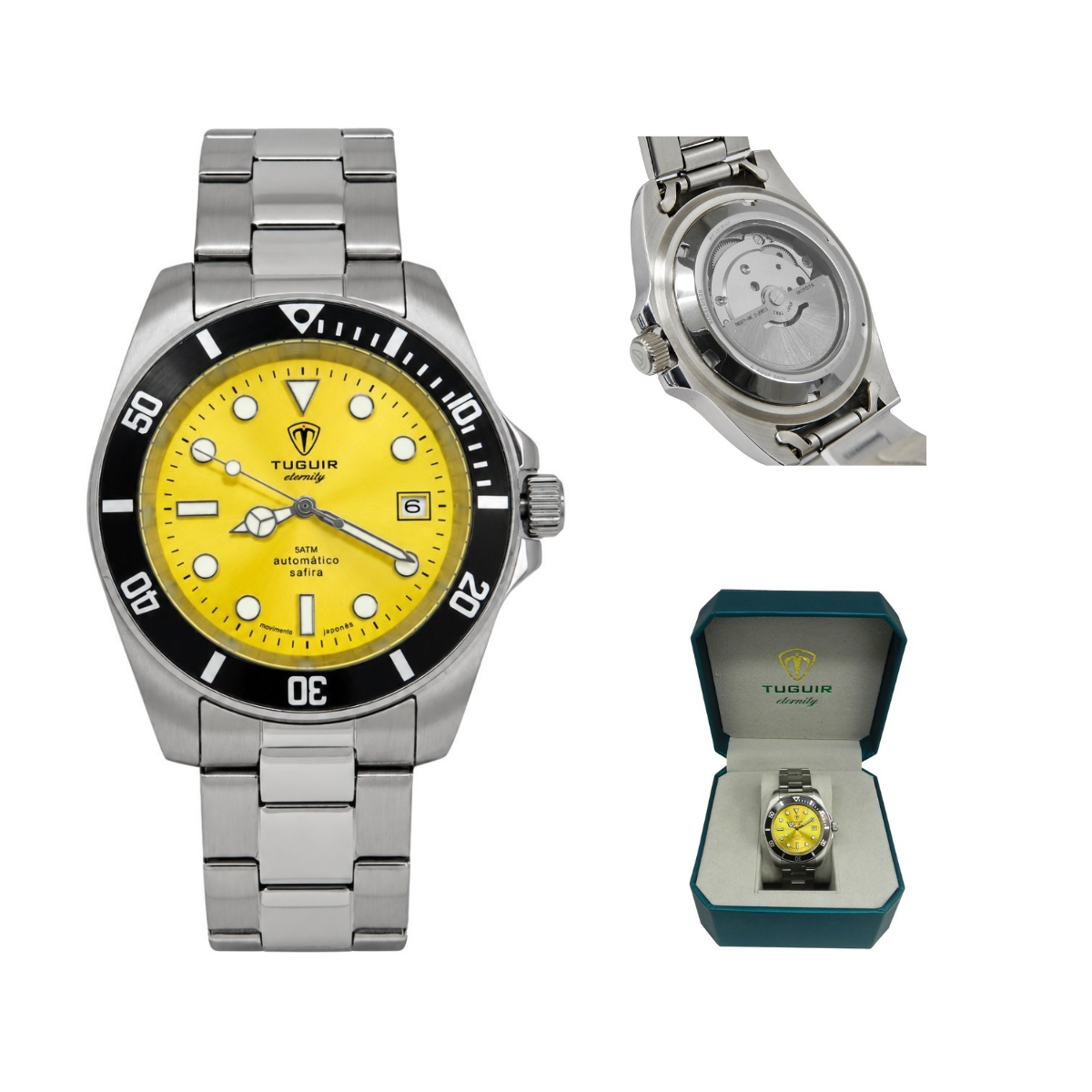 Relógio Masculino Automático Tuguir Eternity Tge40027 Vidro De Safira, Visor Amarelo Camaleão ( estilo Sunburst ) Calibre 8215 Miyota