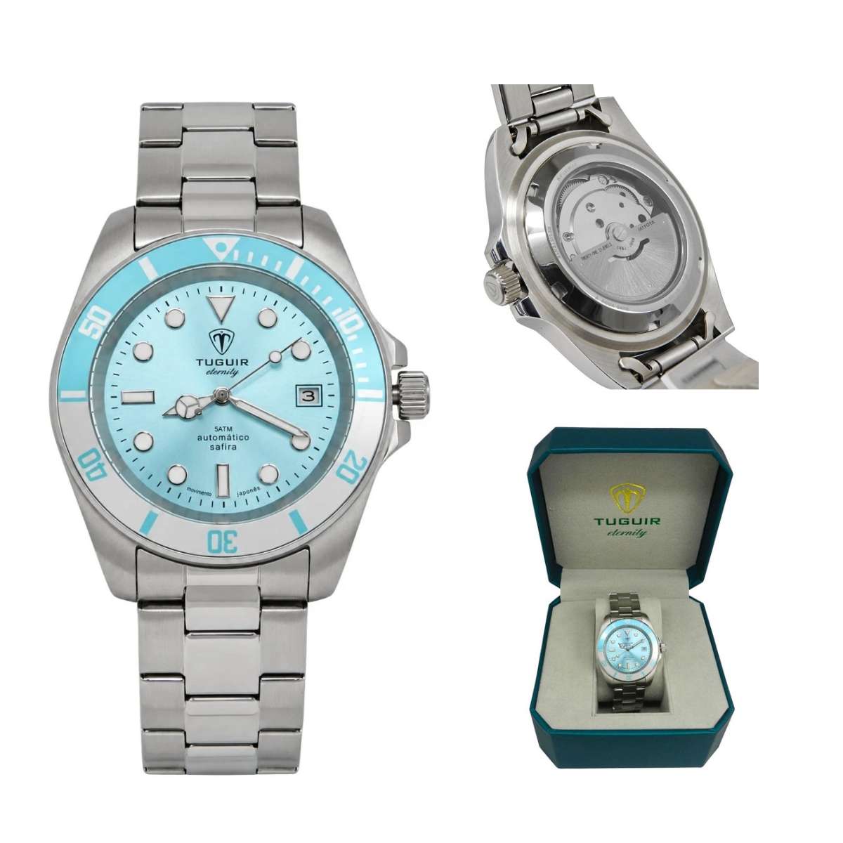Relógio Masculino Automático Tuguir Eternity Tge40022 Vidro De Safira, Visor Azul Claro ( Azul Celeste ) Calibre 8215 Miyota