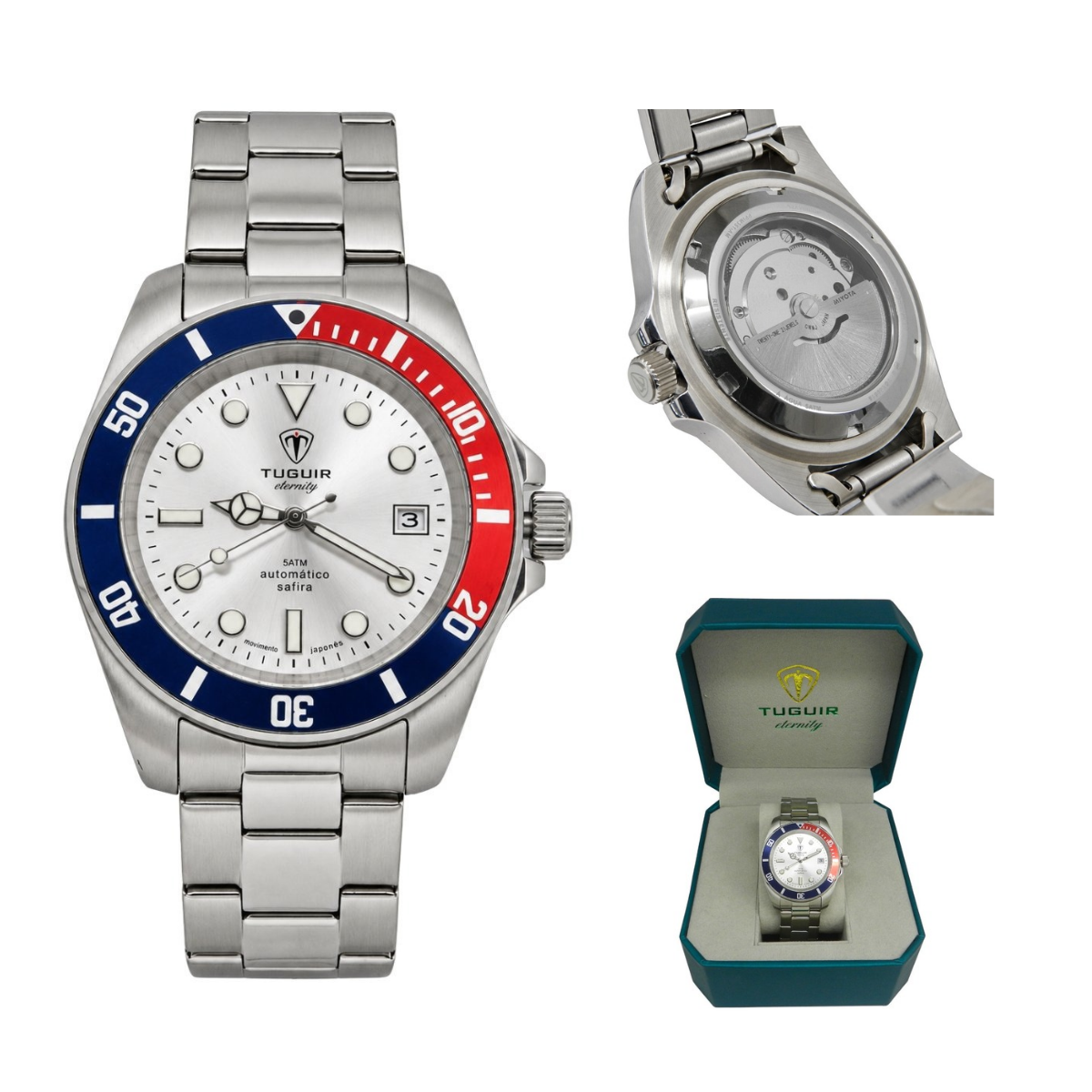 Relógio Masculino Automático Tuguir Eternity TGE40023 Vidro De Safira, Visor Prateado ( Pepsi ) Calibre 8215 Miyota