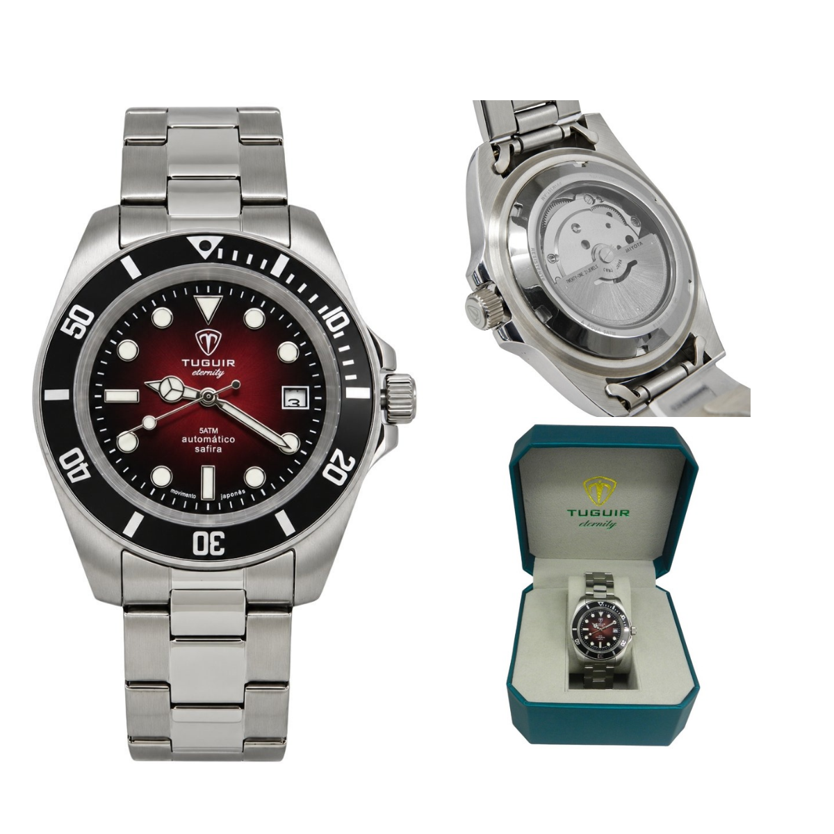Relógio Masculino Automático Tuguir Eternity Tge40025 Vidro De Safira, Visor Vermelho Vinho Escuro Camaleão ( estilo Sunburst ) Calibre 8215 Miyota