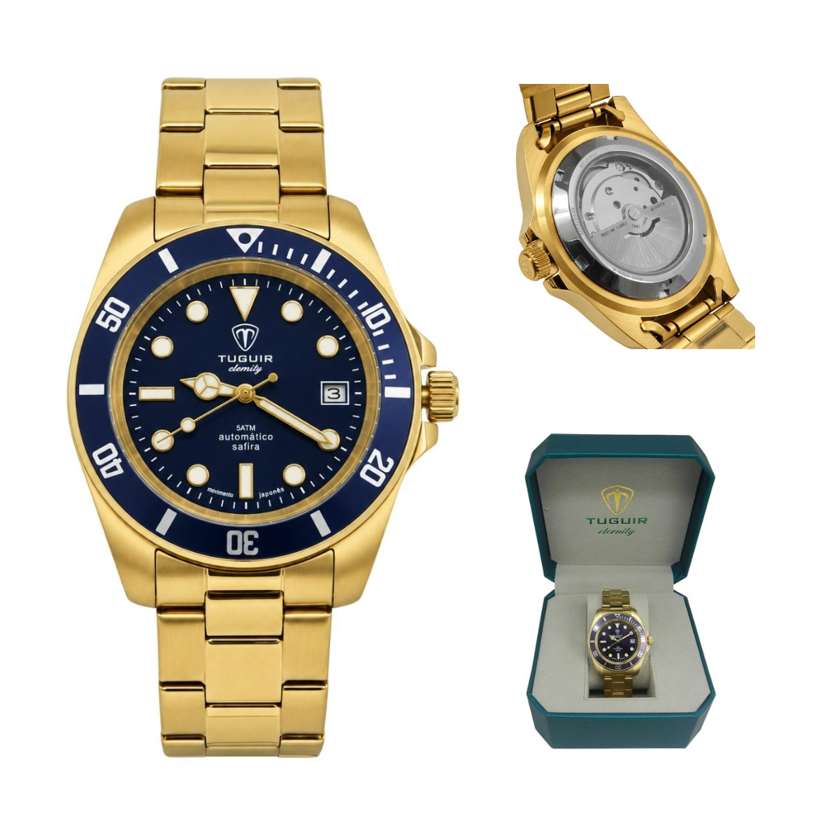 Relógio Masculino Automático Tuguir Eternity Dourado Tge40019 Vidro De Safira, Visor Azul Camaleão ( estilo Sunburst ) Calibre 8215 Miyota