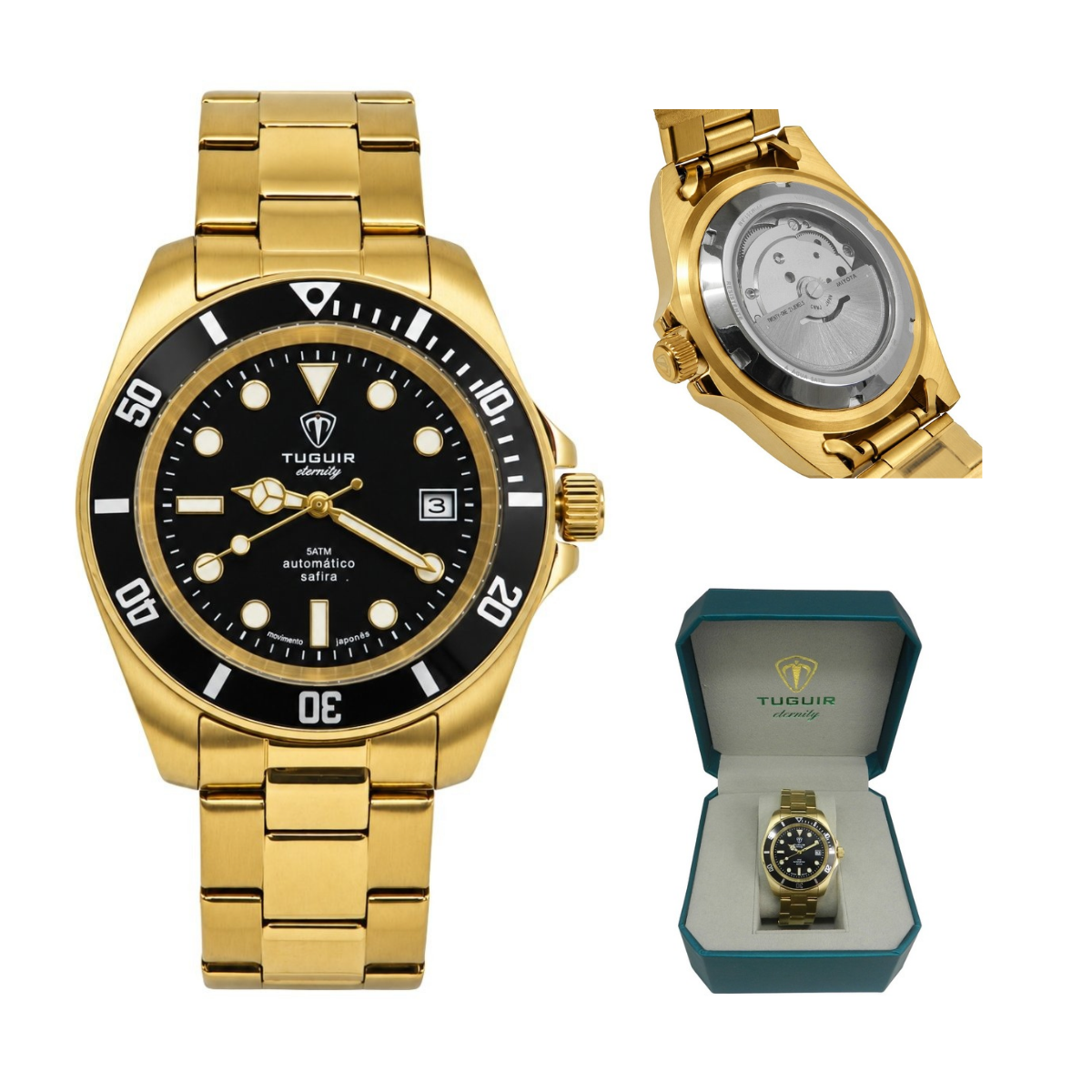 Relógio Masculino Automático Tuguir Eternity Dourado Tge40018 Vidro De Safira, Visor Preto Camaleão ( estilo Sunburst ) Calibre 8215 Miyota