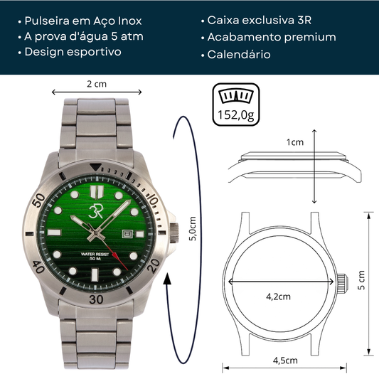Relógio Três Reis 3R Eclipse Edição Especial Limitada 20 Anos Verde Hulk Em Degrade Tradicional