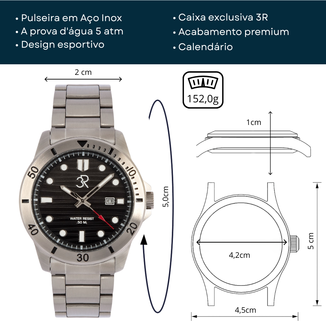 Relógio Três Reis 3R Eclipse Edição Especial Limitada 20 Anos Preto Clássico