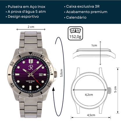 Relógio Três Reis 3R Eclipse Edição Especial Limitada 20 Anos Roxo Yuri Purpura e Prata