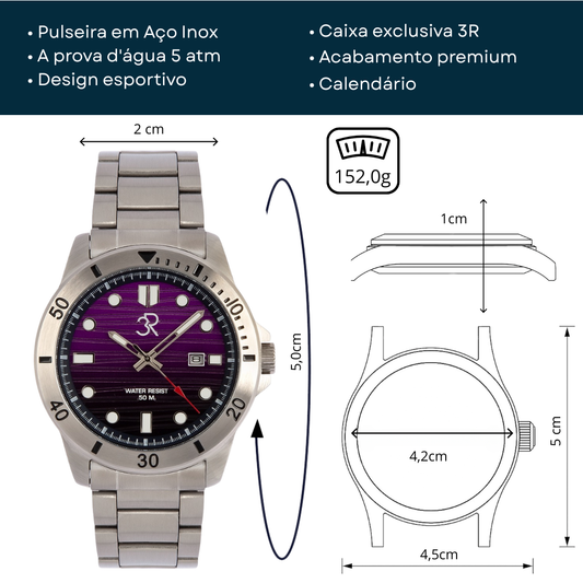 Relógio Três Reis 3R Eclipse Edição Especial Limitada 20 Anos Roxo Yuri Purpura e Prata